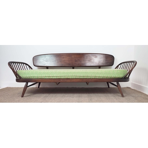 364 - ERCOL SOFA, mid 20th century elm back with patterned green cushion seat, 77cm H x 209cm x 79cm.