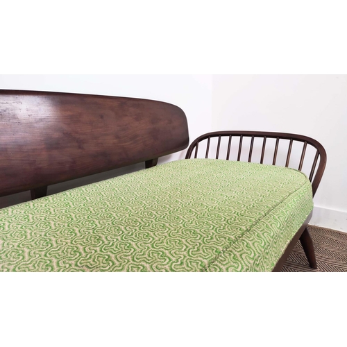 364 - ERCOL SOFA, mid 20th century elm back with patterned green cushion seat, 77cm H x 209cm x 79cm.