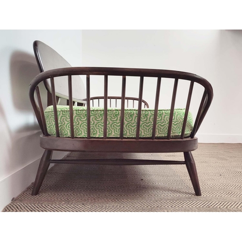 364 - ERCOL SOFA, mid 20th century elm back with patterned green cushion seat, 77cm H x 209cm x 79cm.