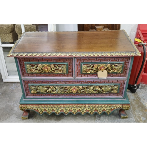 414 - LOW CHEST, Asian, carved elm, polychrome gilt painted of two short and three long drawers, 85cm x 60... 