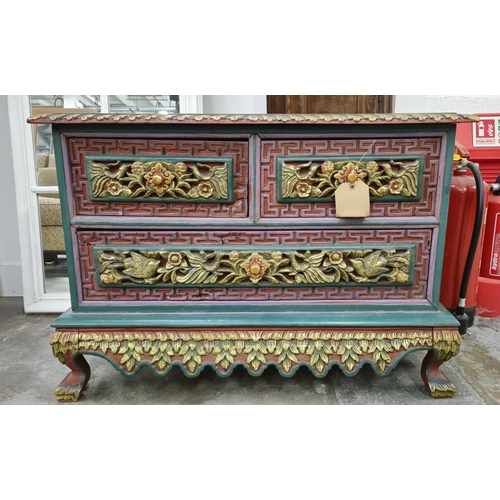 414 - LOW CHEST, Asian, carved elm, polychrome gilt painted of two short and three long drawers, 85cm x 60... 