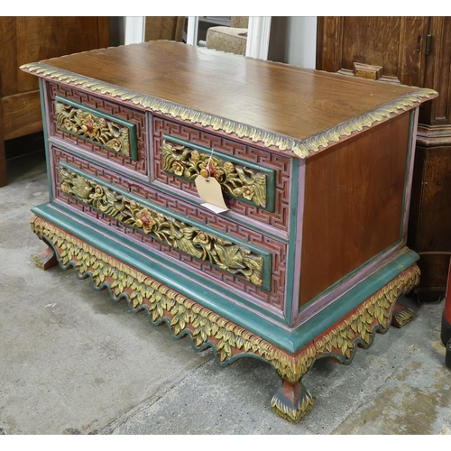 414 - LOW CHEST, Asian, carved elm, polychrome gilt painted of two short and three long drawers, 85cm x 60... 