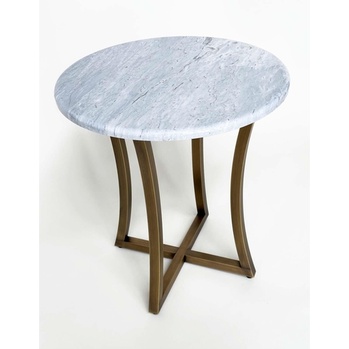 479 - DECCA SIDE TABLE, stone top and curved interlocking gilt metal bronzed supports, 50cm x 54cm H.