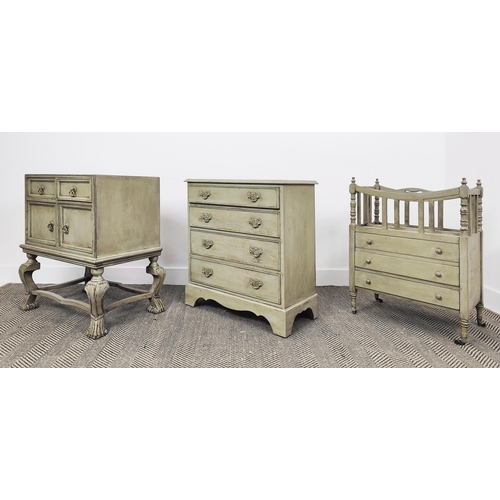 507 - CHEST, Georgian style grey painted of four drawers, 76cm H x 65cm W x 34cm D, a canterbury with thre... 