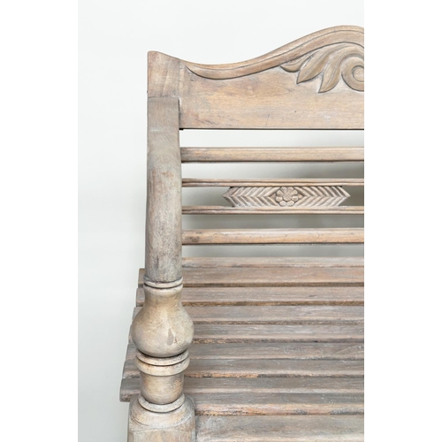 493 - GARDEN BENCH, vintage colonial style faded teak, 133cm W.