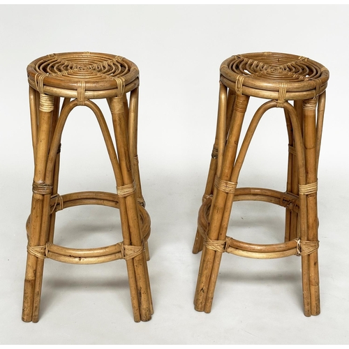 461 - BAMBOO BAR STOOLS, a pair, Italian 1960's rattan bamboo and cane bound, 73cm H. (2)