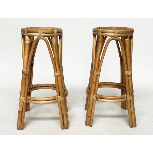 461 - BAMBOO BAR STOOLS, a pair, Italian 1960's rattan bamboo and cane bound, 73cm H. (2)