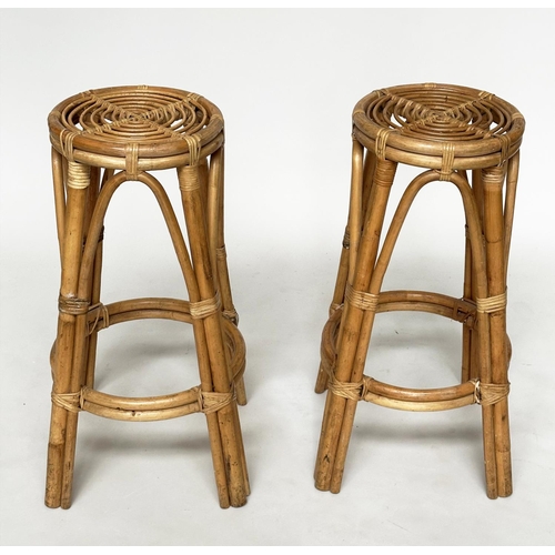 461 - BAMBOO BAR STOOLS, a pair, Italian 1960's rattan bamboo and cane bound, 73cm H. (2)