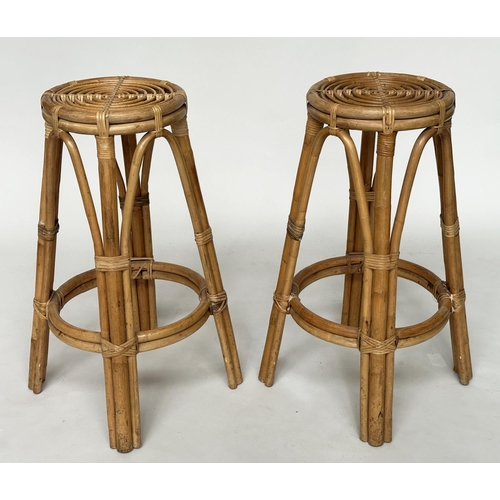 461 - BAMBOO BAR STOOLS, a pair, Italian 1960's rattan bamboo and cane bound, 73cm H. (2)