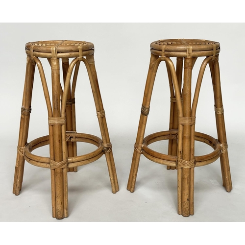 461 - BAMBOO BAR STOOLS, a pair, Italian 1960's rattan bamboo and cane bound, 73cm H. (2)