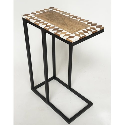 460 - LAMP TABLE, rectangular Moorish style teak and bone inlaid with black metal supports, 26cm x 46cm x ... 