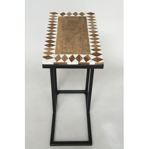 460 - LAMP TABLE, rectangular Moorish style teak and bone inlaid with black metal supports, 26cm x 46cm x ... 