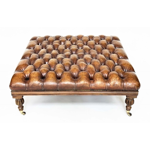 455 - HEARTH STOOL, club style square with studded deep buttoned hand finished soft antique tan brown leat... 