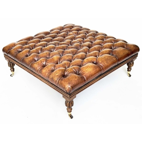 455 - HEARTH STOOL, club style square with studded deep buttoned hand finished soft antique tan brown leat... 