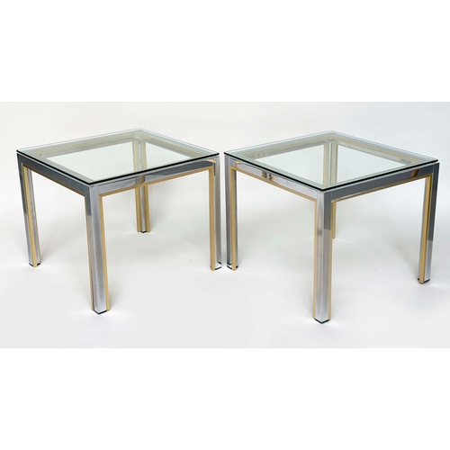 457 - SIDE TABLES, a pair, 1970s Italian style, gilt and chrome rectangular with glass tops, 60cm x 60cm x... 