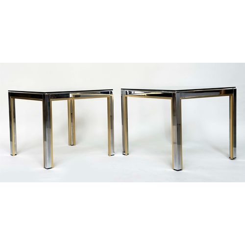 457 - SIDE TABLES, a pair, 1970s Italian style, gilt and chrome rectangular with glass tops, 60cm x 60cm x... 