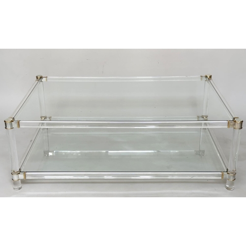 459 - LUCITE LOW TABLE, rectangular with lucite supports and glazed top and undertier, 117cm W x 76cm D x ... 