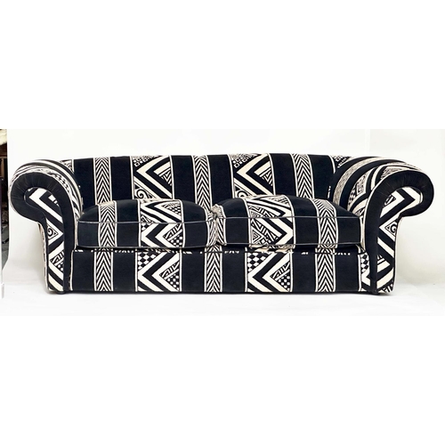 442 - SOFA, large Scandinavian black, navy and cream wool worsted with geometric and chevron motifs and br... 