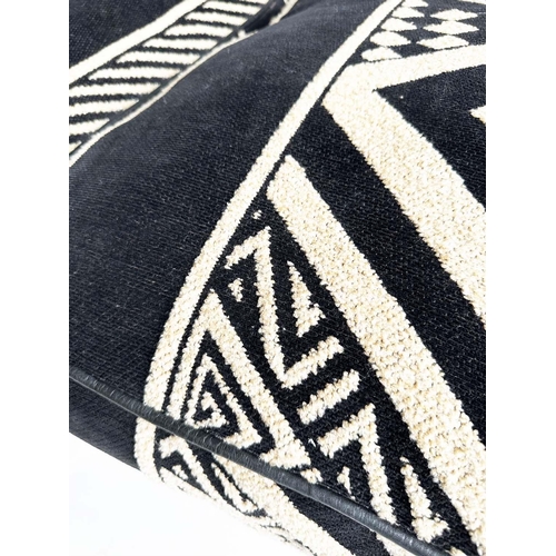 442 - SOFA, large Scandinavian black, navy and cream wool worsted with geometric and chevron motifs and br... 