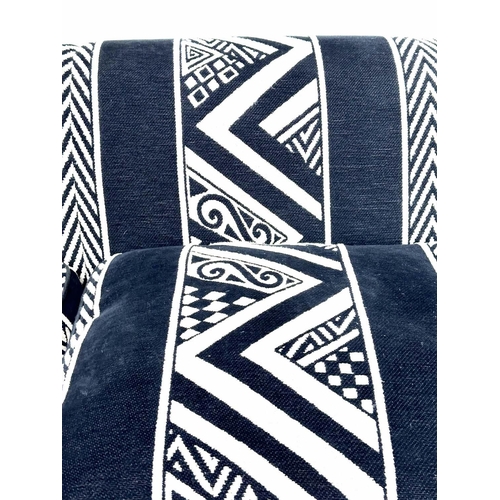 442 - SOFA, large Scandinavian black, navy and cream wool worsted with geometric and chevron motifs and br... 