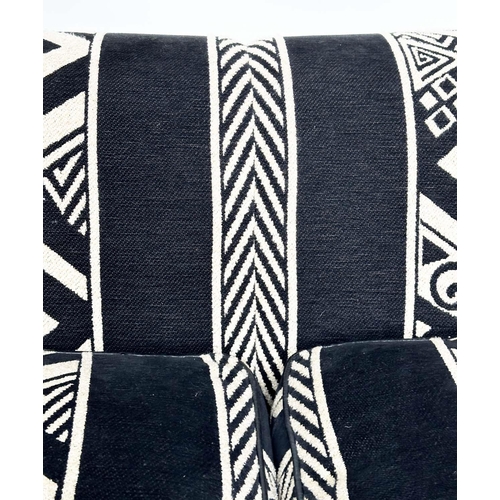 442 - SOFA, large Scandinavian black, navy and cream wool worsted with geometric and chevron motifs and br... 