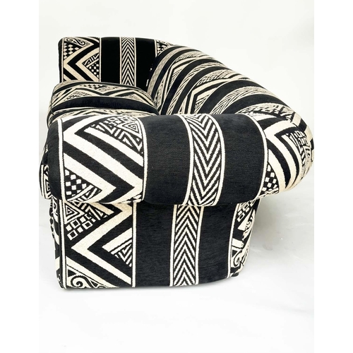 442 - SOFA, large Scandinavian black, navy and cream wool worsted with geometric and chevron motifs and br... 