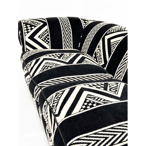 442 - SOFA, large Scandinavian black, navy and cream wool worsted with geometric and chevron motifs and br... 