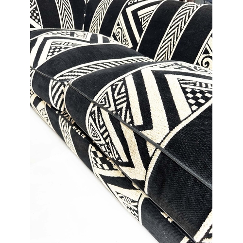 442 - SOFA, large Scandinavian black, navy and cream wool worsted with geometric and chevron motifs and br... 