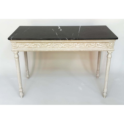 444 - CONSOLE TABLE, Italian style traditionally grey painted with foliate frieze, fluted tapering support... 