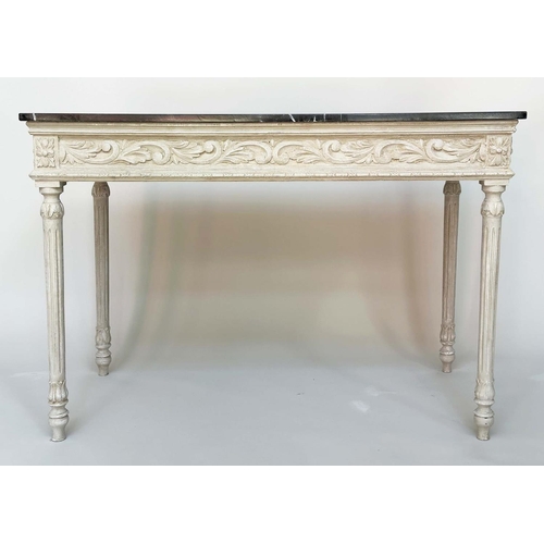 444 - CONSOLE TABLE, Italian style traditionally grey painted with foliate frieze, fluted tapering support... 