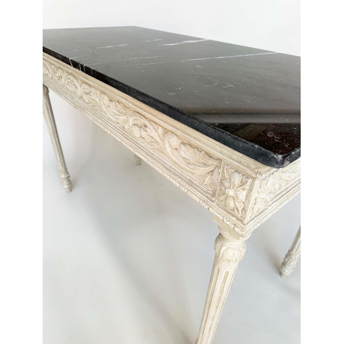 444 - CONSOLE TABLE, Italian style traditionally grey painted with foliate frieze, fluted tapering support... 