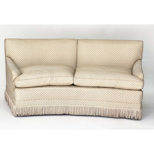 429 - COLEFAX AND FOWLER SOFA, slightly curved in woven t wo tone geometric with bullion fringe from the c... 