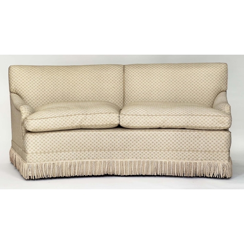 429 - COLEFAX AND FOWLER SOFA, slightly curved in woven t wo tone geometric with bullion fringe from the c... 