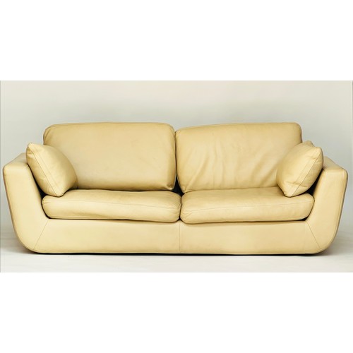 420 - ROCHE BOBOIS SOFA, light brown grained natural leather with cushions, 222cm W.