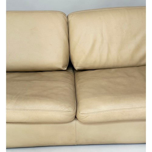 420 - ROCHE BOBOIS SOFA, light brown grained natural leather with cushions, 222cm W.