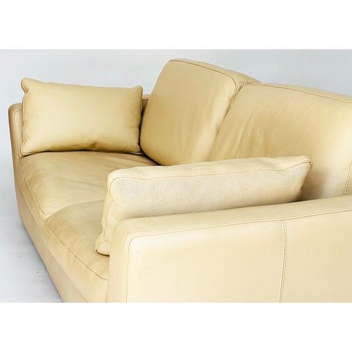 420 - ROCHE BOBOIS SOFA, light brown grained natural leather with cushions, 222cm W.