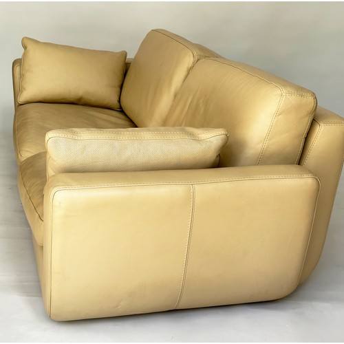 420 - ROCHE BOBOIS SOFA, light brown grained natural leather with cushions, 222cm W.