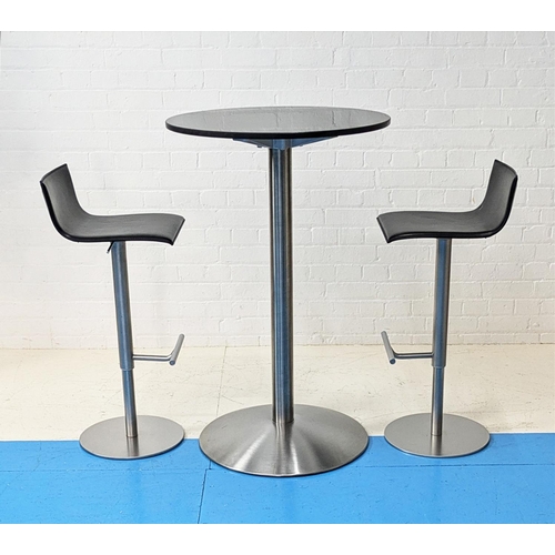 499 - LAPALMA THIN STOOLS, a pair, by Karri Monni, in black saddle leather, 95cm H x 37cm W x 40cm D, toge... 