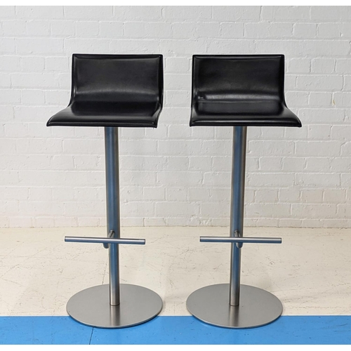 499 - LAPALMA THIN STOOLS, a pair, by Karri Monni, in black saddle leather, 95cm H x 37cm W x 40cm D, toge... 