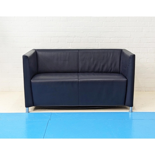 500 - WALTER KNOLL NORMAN 350 SOFA, two seater in blue leather on brushed metal legs, 73cm H x 135cm W x 6... 