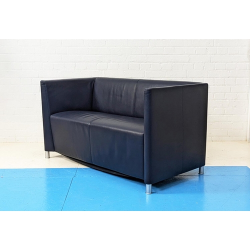 500 - WALTER KNOLL NORMAN 350 SOFA, two seater in blue leather on brushed metal legs, 73cm H x 135cm W x 6... 