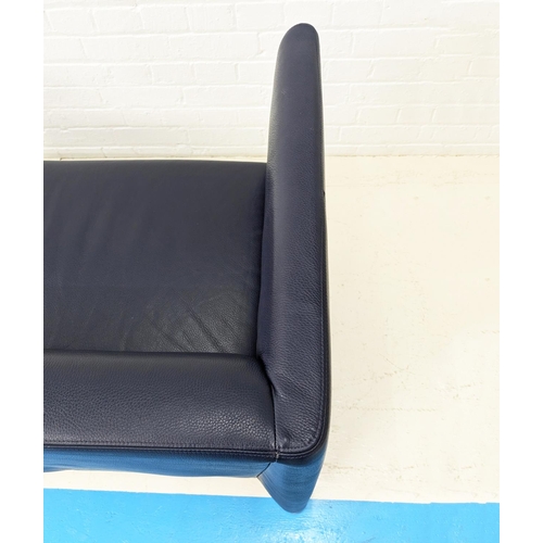 500 - WALTER KNOLL NORMAN 350 SOFA, two seater in blue leather on brushed metal legs, 73cm H x 135cm W x 6... 