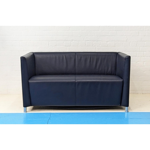 501 - WALTER KNOLL NORMAN 350 SOFA, two seater in blue leather on brushed metal legs, 73cm H x 135cm W x 6... 