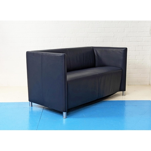 501 - WALTER KNOLL NORMAN 350 SOFA, two seater in blue leather on brushed metal legs, 73cm H x 135cm W x 6... 