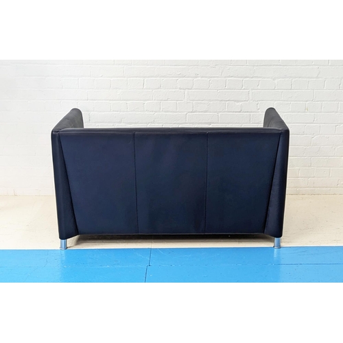 501 - WALTER KNOLL NORMAN 350 SOFA, two seater in blue leather on brushed metal legs, 73cm H x 135cm W x 6... 