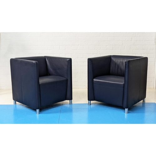 502 - WALTER KNOLL NORMAN 350 ARMCHAIRS, a pair, in blue leather upholstery on brushed metal legs, 73cm H ... 