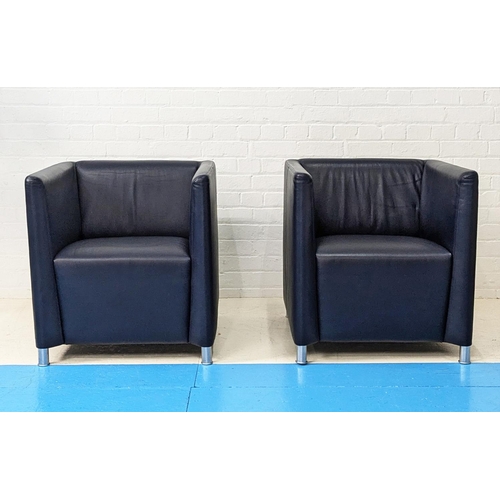 502 - WALTER KNOLL NORMAN 350 ARMCHAIRS, a pair, in blue leather upholstery on brushed metal legs, 73cm H ... 