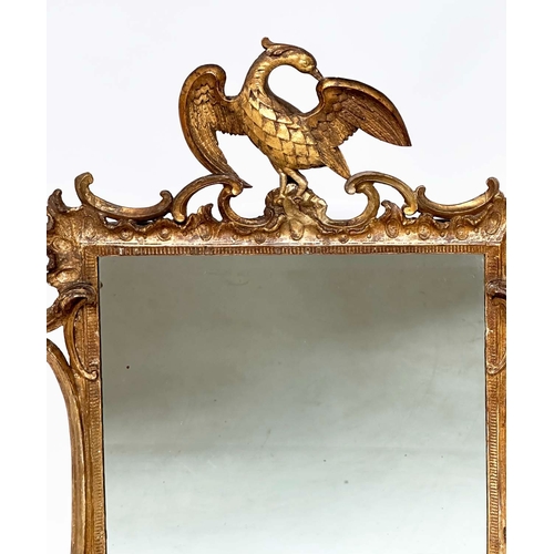 126 - WALL MIRROR, 18th century carved giltwood, rectangular with eagle crest and 'C' scroll detail, 96cm ... 