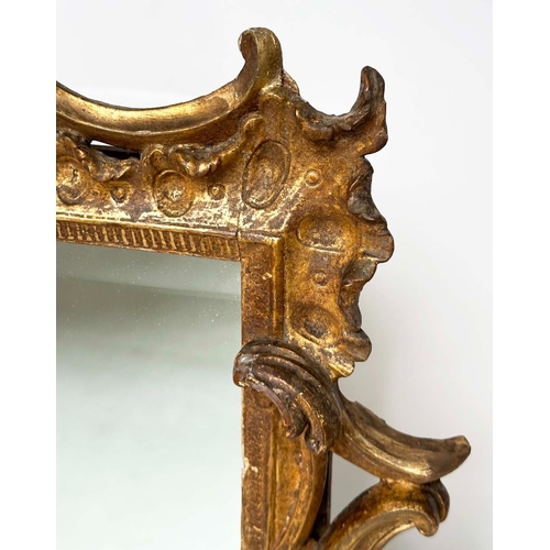 126 - WALL MIRROR, 18th century carved giltwood, rectangular with eagle crest and 'C' scroll detail, 96cm ... 