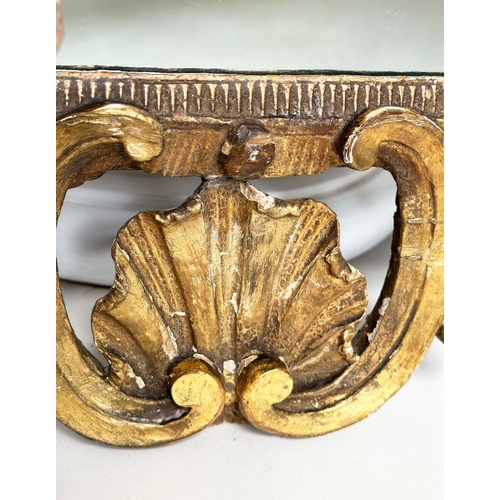 126 - WALL MIRROR, 18th century carved giltwood, rectangular with eagle crest and 'C' scroll detail, 96cm ... 